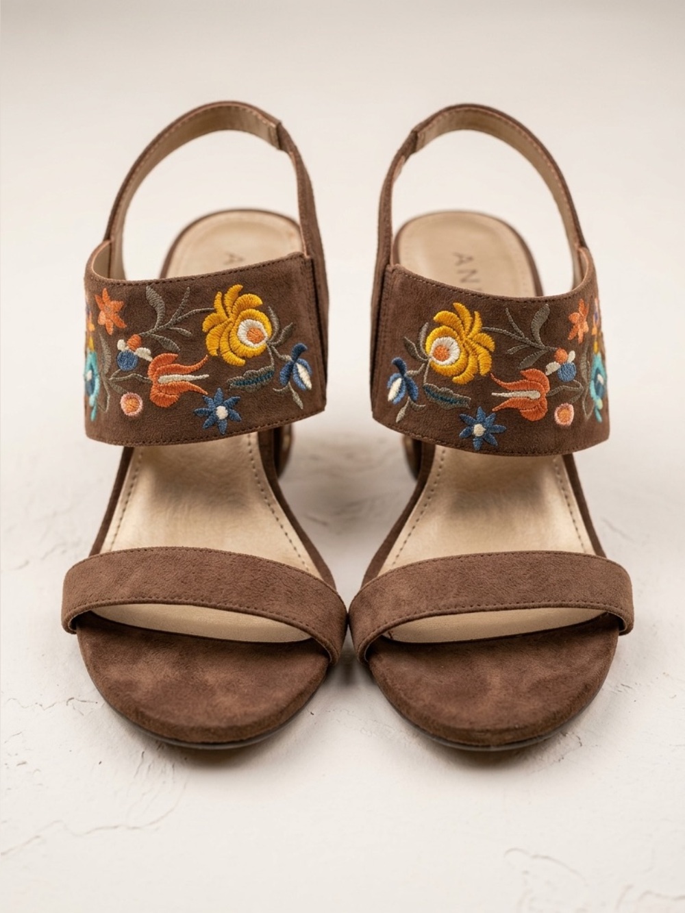 Brown Suede Floral Embroidered Women's Sandals